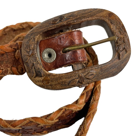 Unique Wooden Buckled Hand-carved Hand-Tooled Genuine Leather Western Braid Belt - Picture 5 of 13